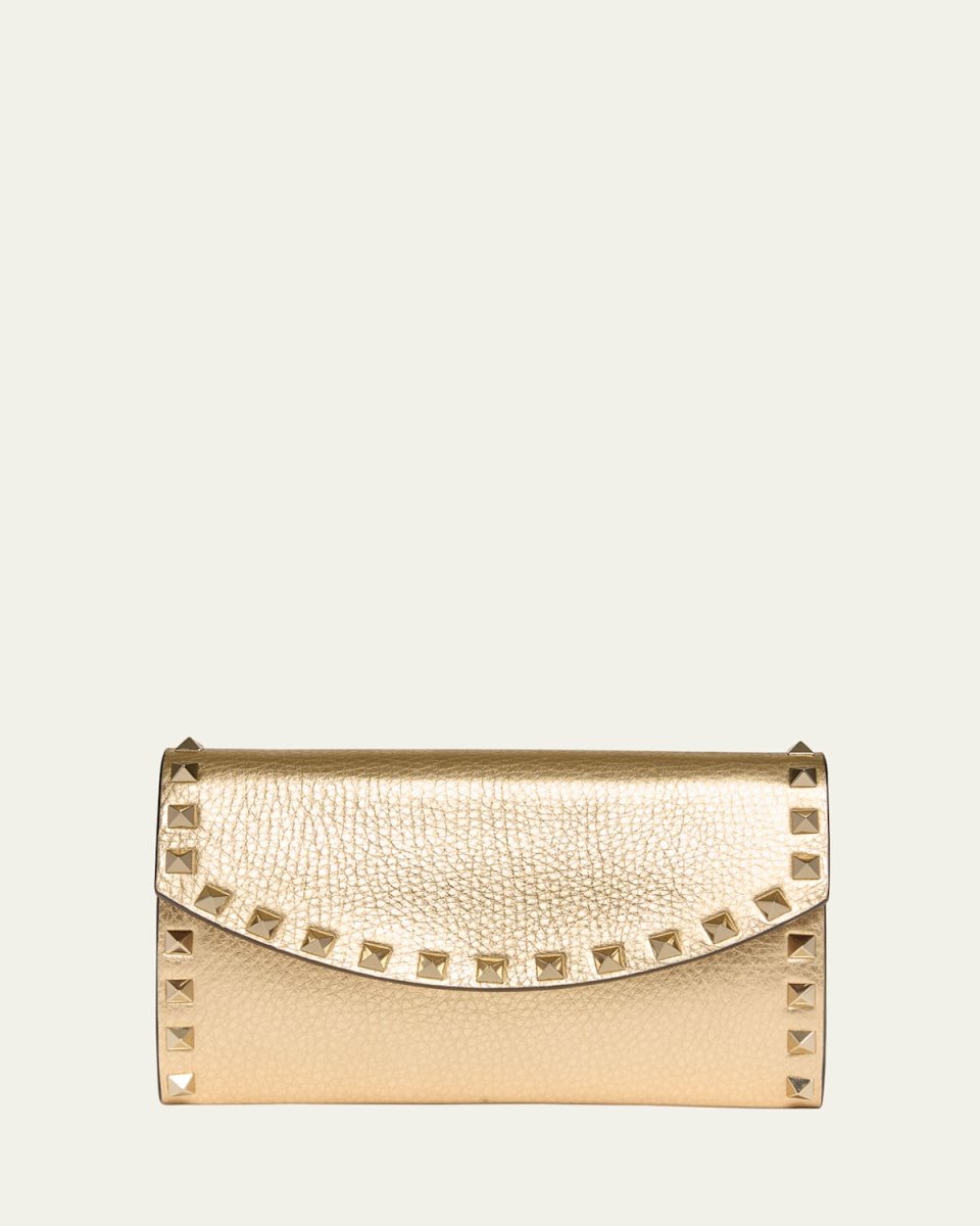 Rockstud Metallic Leather Wallet on Chain